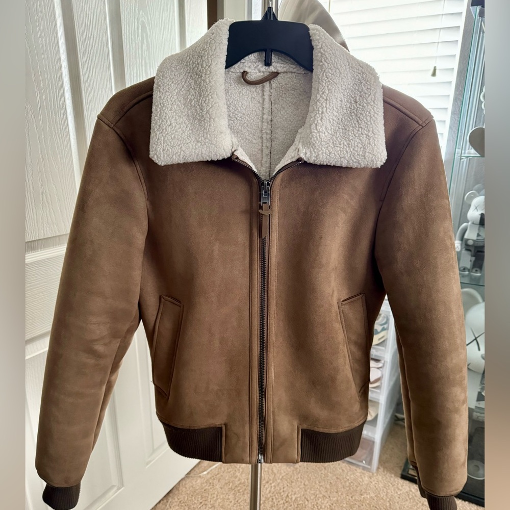Mango Men’s Tan Suede Sherpa Heavyweight Aviator Jacket Size M